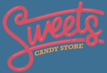 A blue background with the words sweets candy store written in red.
