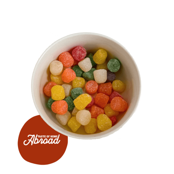 Bowl of colorful gumdrops candy.