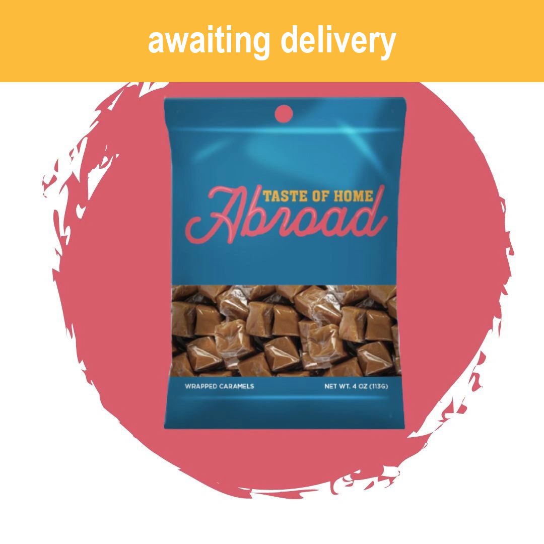 Package of Caramel Cremes wrapped caramels on an awaiting delivery notification background.