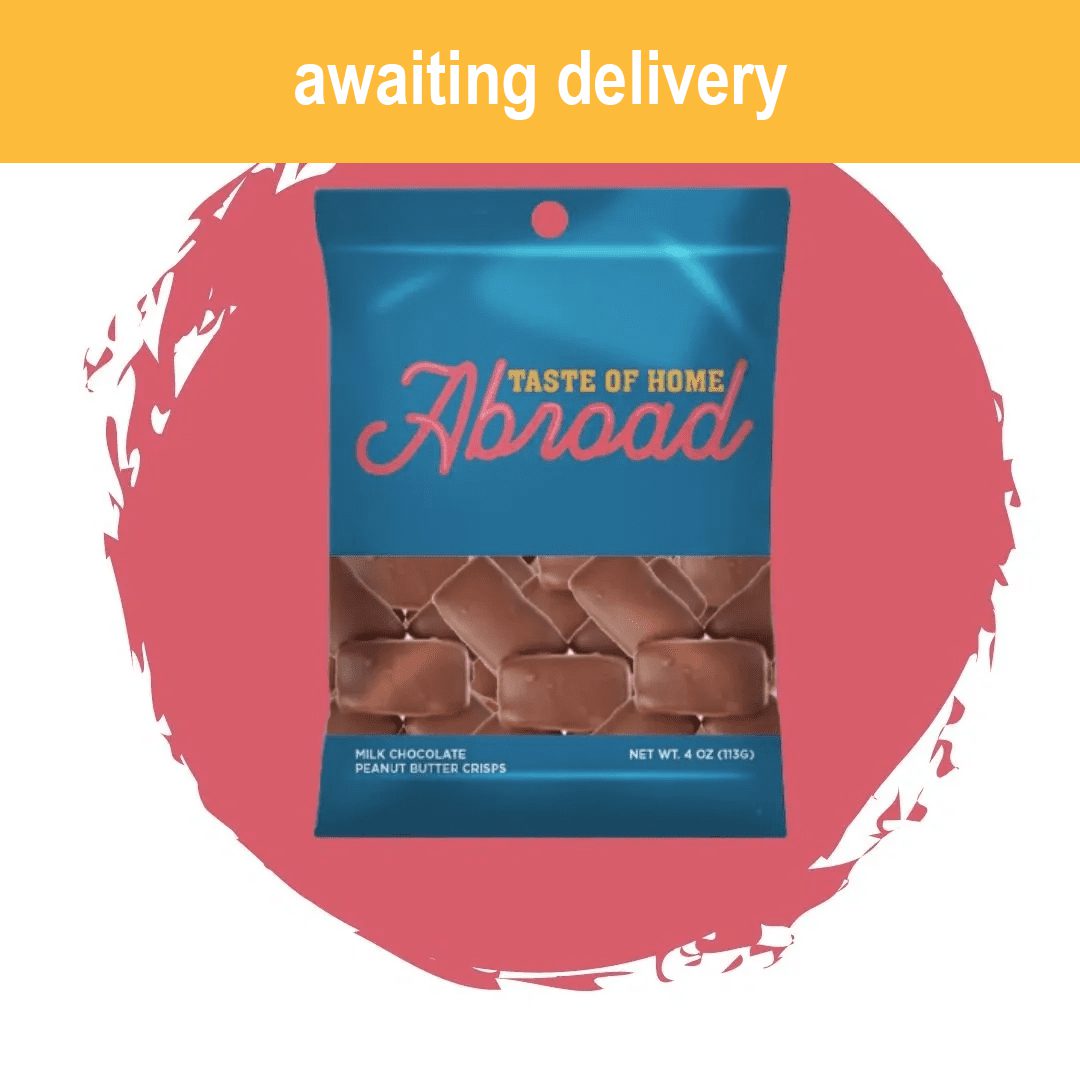 A package of Milk Chocolate Peanuts Butter Crisps with a text overlay reading "awaiting delivery.