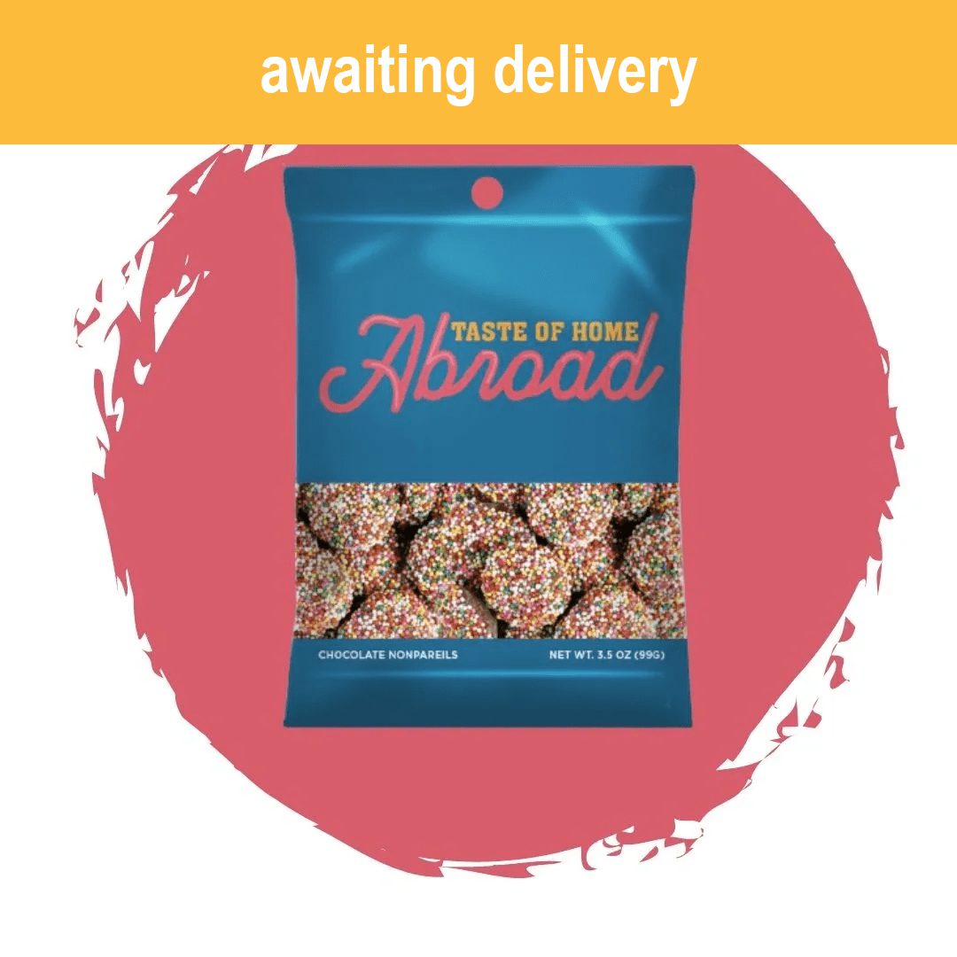 Package of Chocolate Nonpareils against an orange background with 'awaiting delivery' text overlay.