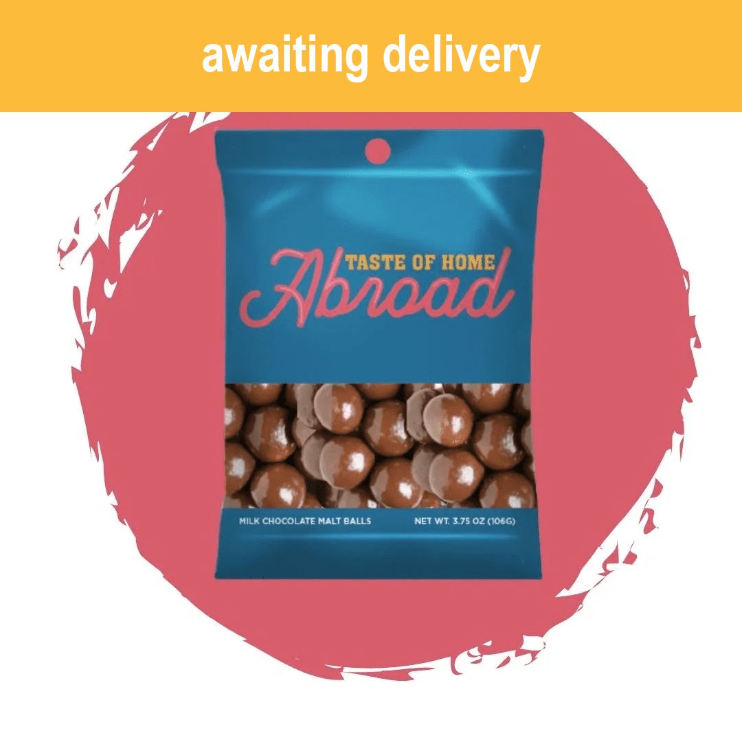 Package of Milk Chocolate Malt Balls with "awaiting delivery" text overlay.