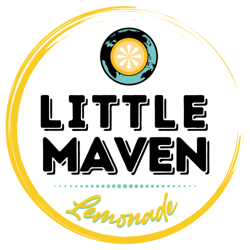 A yellow circle with the words little maven and lemonade written in it.