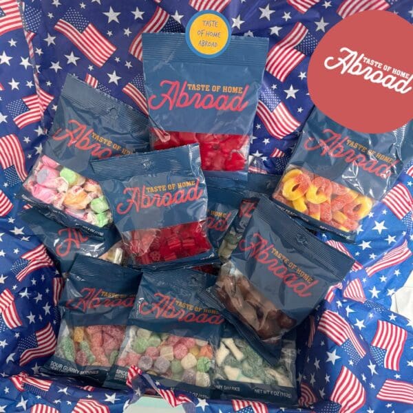 Gift box of assorted international candies.